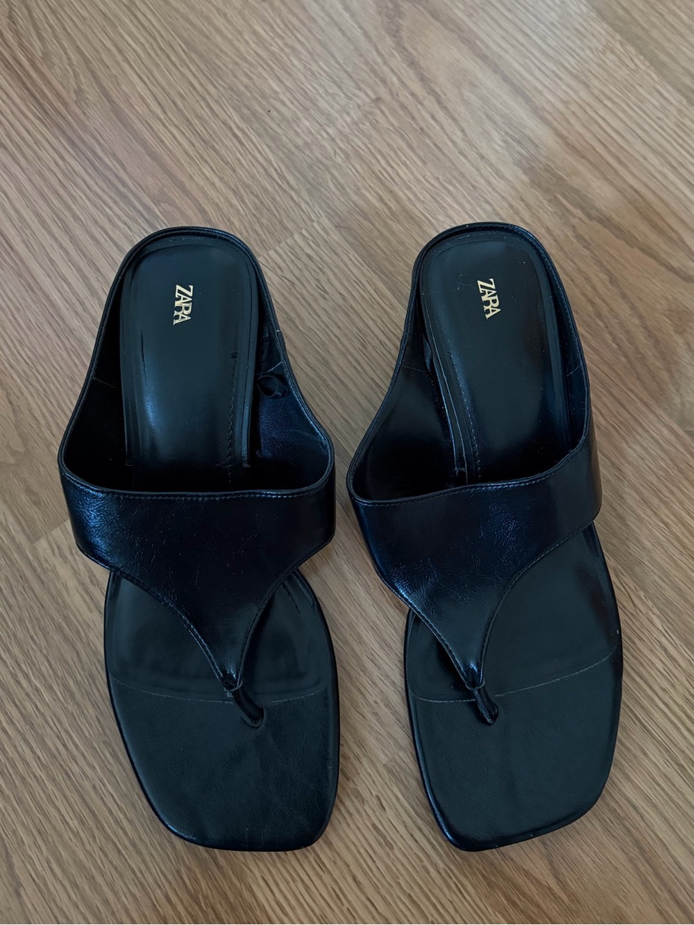 Zara Black Patent Square-Toe Slide Sandals